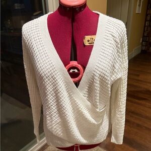 White Faux-Wrap Long Sleeve Sweater